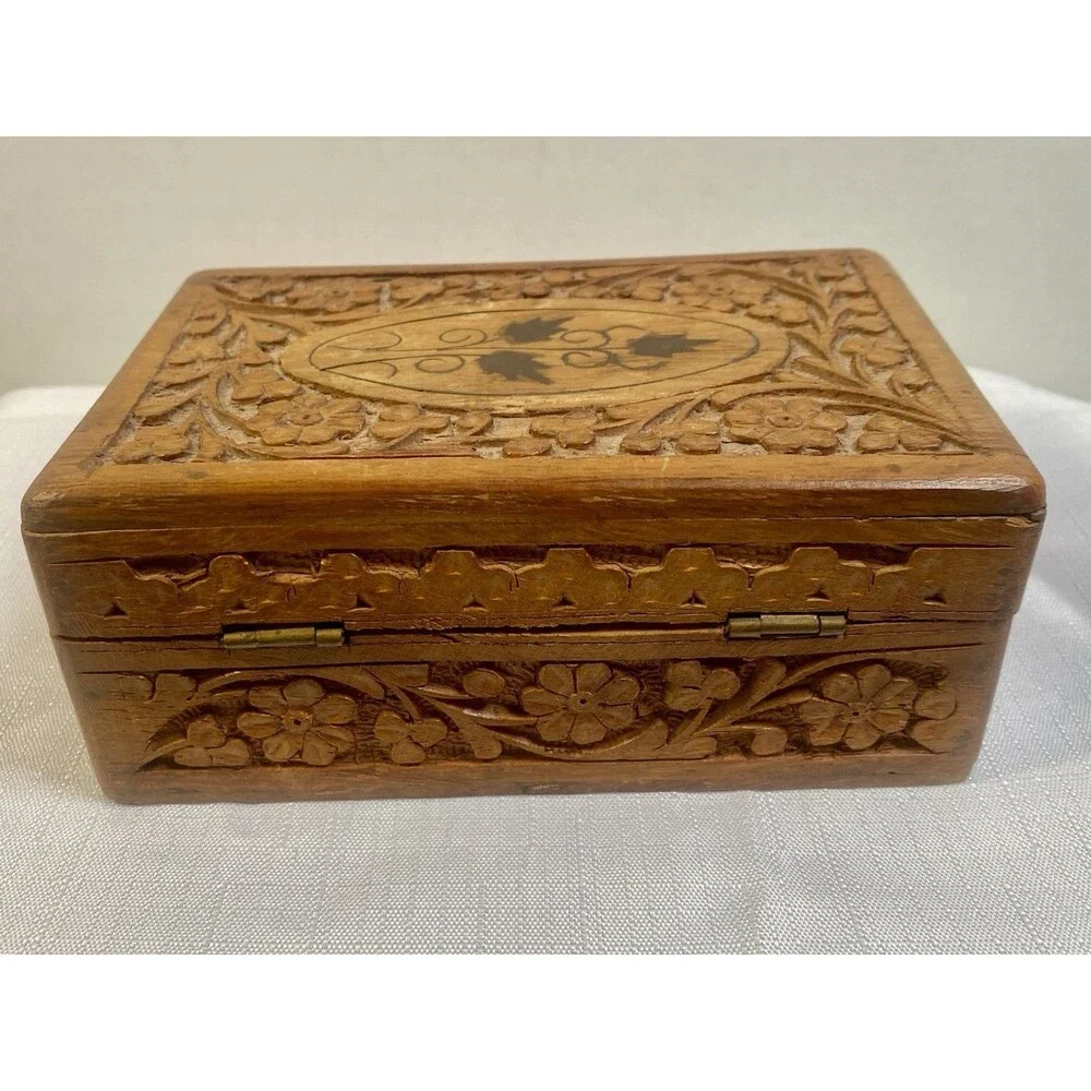 Vintage Hand Carved Wooden Trinket Box Floral Design India 6” Long
